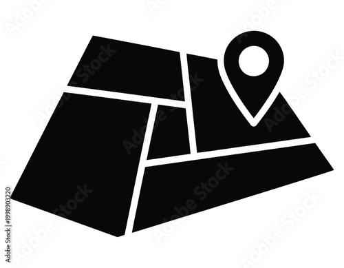 Black silhouette of a map with location pin icon representing navigation and geographic data