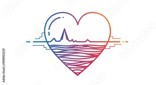 Heartbeat EKG line over abstract cityscape and water, gradient colors