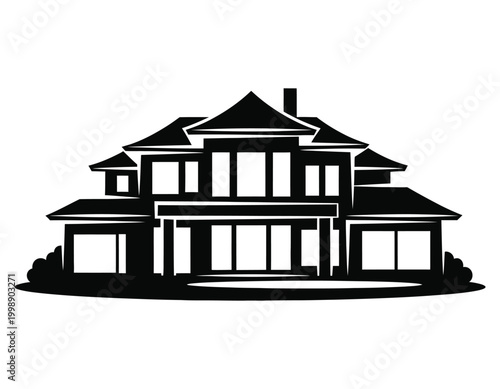 Elegant two story house silhouette a black and white architectural illustration with classic design elements