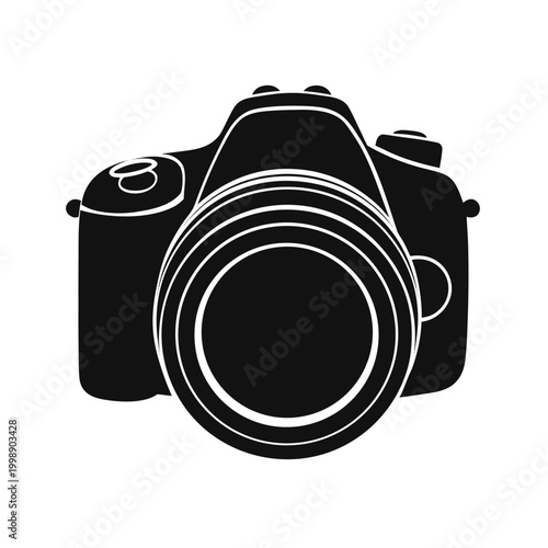 Black camera silhouette vector icon, professional digital SLR camera front view, modern photography equipment symbol for logo and web design