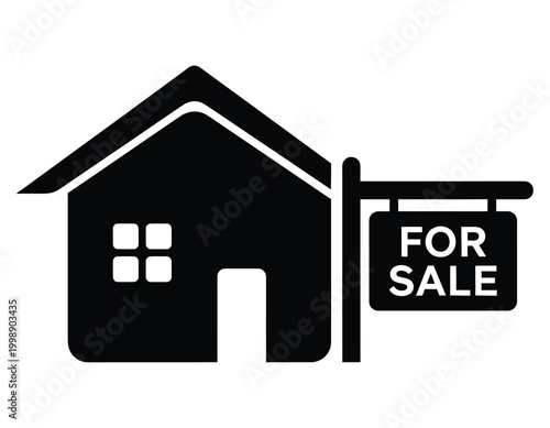 Black silhouette of a house with a 'for sale' sign real estate property listing icon