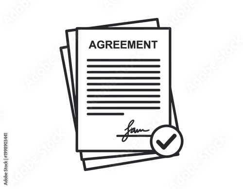 Contract documents with signature and checkmark a legal agreement silhouette illustration