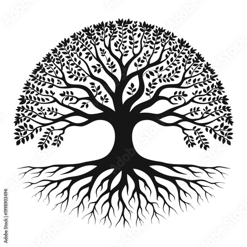 Tree of life silhouette with intricate roots and branches, circular nature emblem, black and white organic botanical vector illustration