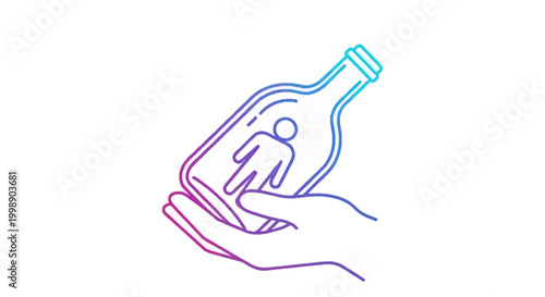 Hand holding bottle with trapped person silhouette, symbol of addiction, mental health, and help