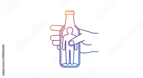Hand holding bottle with person silhouette inside, symbolizing addiction, confinement, or trapped feeling