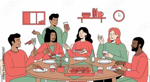 Diverse friends enjoying pizza and drinks at a dinner party, casual gathering at home