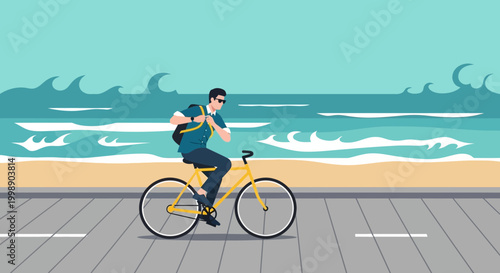 Man cycling on beach promenade with ocean waves in background