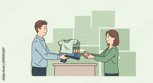 Man giving clothes to woman, donation, charity, helping, second hand, clothing donation