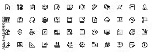 Learning icon set. Vector collection includes symbols for download, library, notebook, student, online learning, knowledge, ebook, research, teacher and more. Editable stroke.