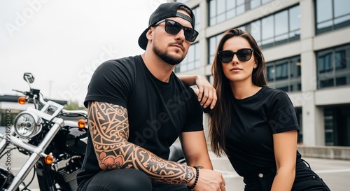 Cool tattooed couple in black t-shirts and sunglasses posing with a motorcycle