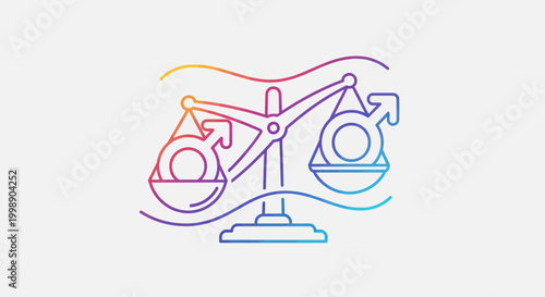 Gender Equality Scales Icon: Balanced Male and Female Symbols on Rainbow Gradient Balance