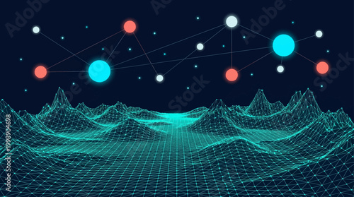 A futuristic digital landscape with a wireframe mountain range and a starry night sky filled with glowing blue white and red planets and stars