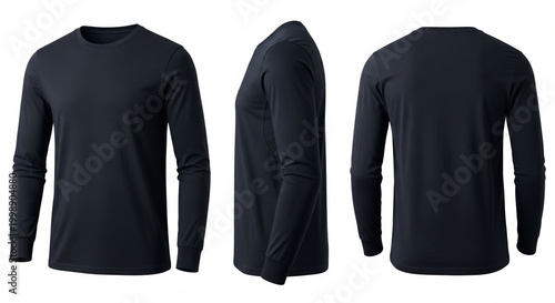 Dark navy long sleeve crew neck t-shirt presented from front side and back views