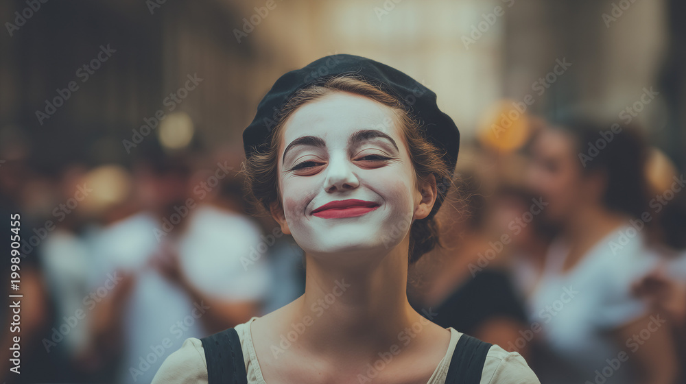 Fototapeta premium A smiling mime performs at Festival Internazionale del Teatro di Strada in a crowded street