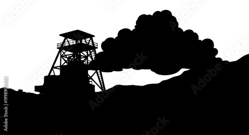 Industrial Mining Tower Silhouette with Thick Smoke Clouds