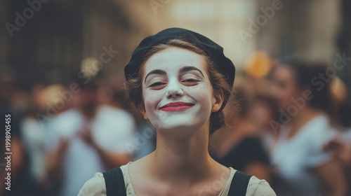 A smiling mime performs at Festival Internazionale del Teatro di Strada in a crowded street