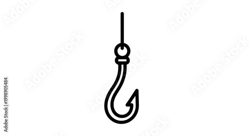 Fishing hook icon, simple line art illustration of a sharp fish hook on a string