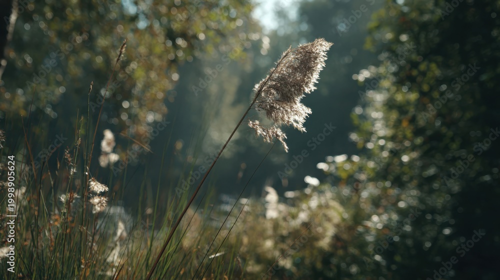 Fototapeta premium Close up of a tall reed head with fluffy seeds swaying gently in a sunlit grassy field with blurred forest background