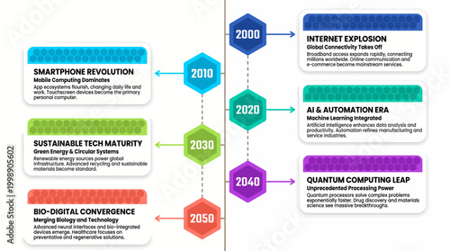 A futuristic timeline infographic showing the evolution of technology from 2000 to 2050 with key milestones and predictions for the future of computing and sustainability