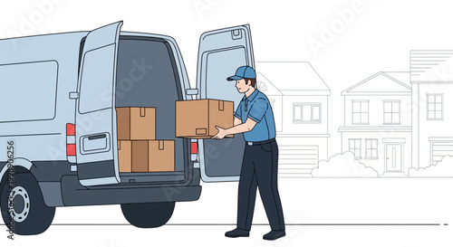 Delivery man unloading boxes from a van in a residential street