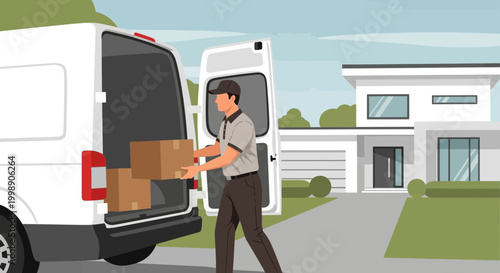 Delivery man unloading boxes from a white van at a modern house