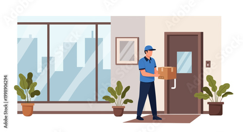 Delivery man with package at apartment door, urban building background