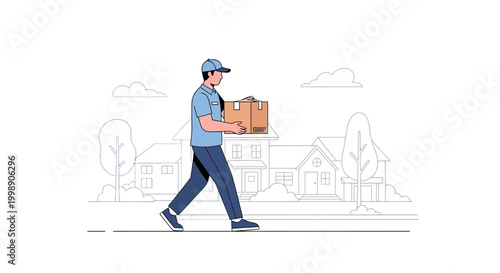 Delivery man walking with package in suburban neighborhood, courier service concept
