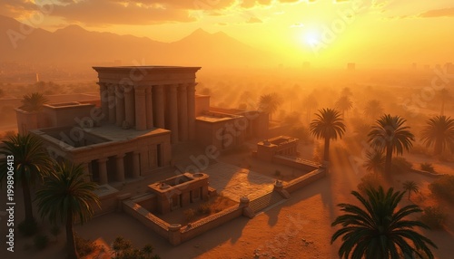 Ancient Egyptian temple complex. Stone structures with pillars stand in palm trees. Desert landscape glows with warm sunset light. Mountains form a backdrop under hazy orange sky.