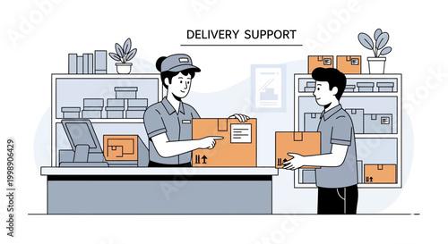 Delivery support: courier hands parcel to customer at counter in logistics office