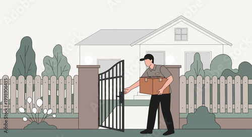 Delivery person opening gate to deliver package to house, doorstep service concept