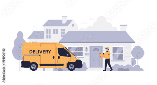 Delivery van bringing package to house, courier delivering parcel to customer doorstep