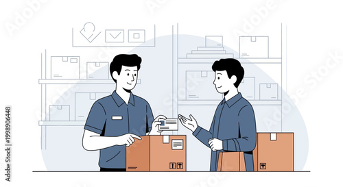 Delivery worker handing package to customer in warehouse with boxes