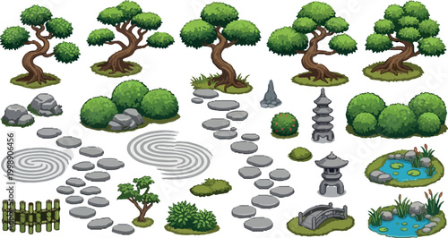 Japanese Zen garden vector elements, traditional bonsai trees and stone lanterns set, oriental landscape design icons for game assets and maps