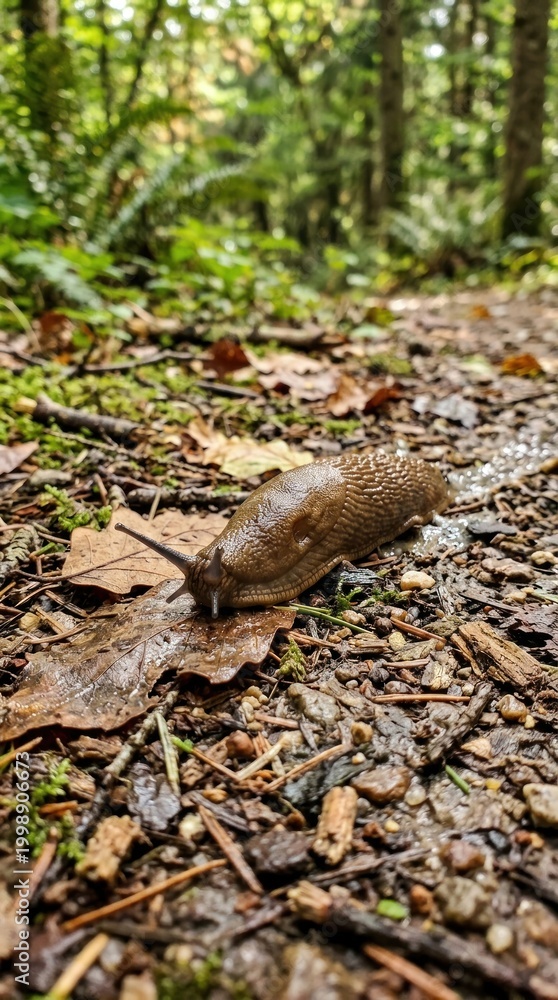 Obraz premium Close up of a slug moving on forest floor path