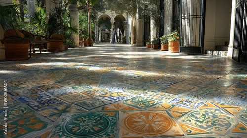 Vibrant Mosaic Tile Floor Pathway With Sunlight Reflections Amidst Arched Architecture And Lush Greenery