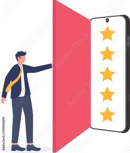 Professional opening door to smartphone rating stars