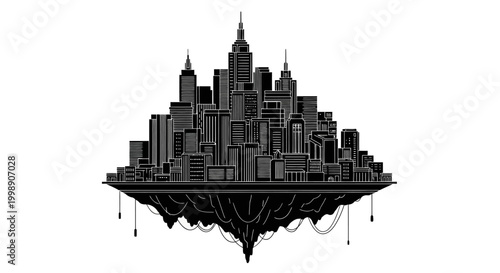 Floating City Silhouette with Hanging Cables ? Futuristic Concept