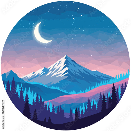 Mountain landscape, night scenery, moonlit mountains, vector illustration