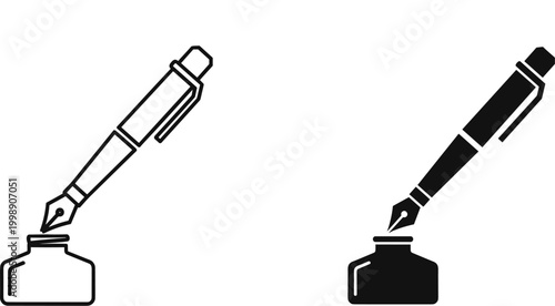 Classic fountain pen and inkwell icons, black and white calligraphy pen vector set, elegant writing instrument symbols for stationery and logo design
