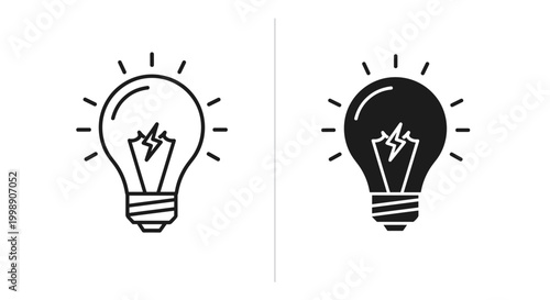Minimalist light bulb icon set, glowing electric lamp vector illustrations, creative idea and innovation symbols for business and technology