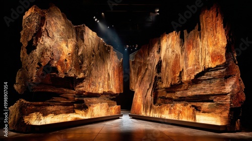 Dramatic Modern Wood Installation Framing an Entrance with Warm Lighting