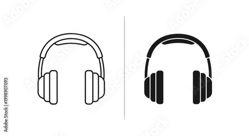 Minimalist headphones icon set, black and white line art and silhouette vector illustrations, modern audio equipment symbols for music apps