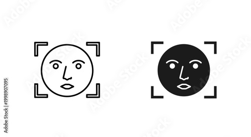 Facial recognition icon set, biometric face ID scanning technology, digital security authentication symbols, black and white vector graphics