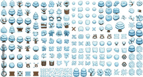 Isometric winter game assets, snow covered trees and forest nature elements, cartoon frozen landscape sprites for 2D game design, vector icons