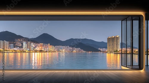 Panoramic Cityscape View of Illuminated Waterfront Skyline and Mountains at Dusk