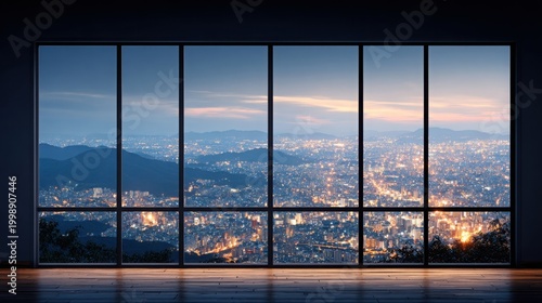 Modern minimalist panoramic window framing a breathtaking cityscape illuminated at twilight, offering an expansive urban view.