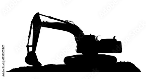 Hydraulic excavator silhouette on white background for construction and industrial design