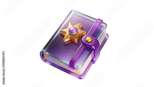 3D purple magic book with gold star emblem, fantasy spellbook or ancient grimoire icon