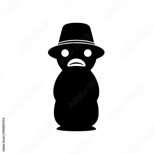 Minimalist black silhouette of a cute cartoon character wearing a hat