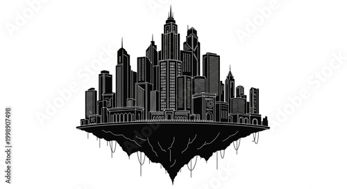 Floating City Silhouette with Skyscraper Skyline ? Fantasy Concept